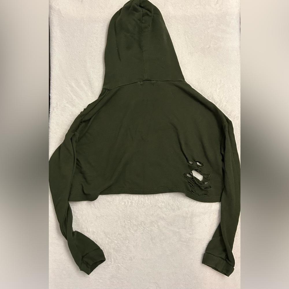 Fashion Nova Olive Green Distressed Cropped Hoodie - Picture 5 of 6